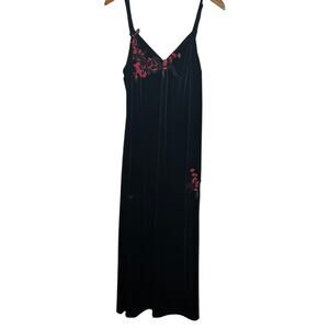 Delicates Black Velvet Slip Dress L Floral Embroidered Maxi Soft Goth Y2K